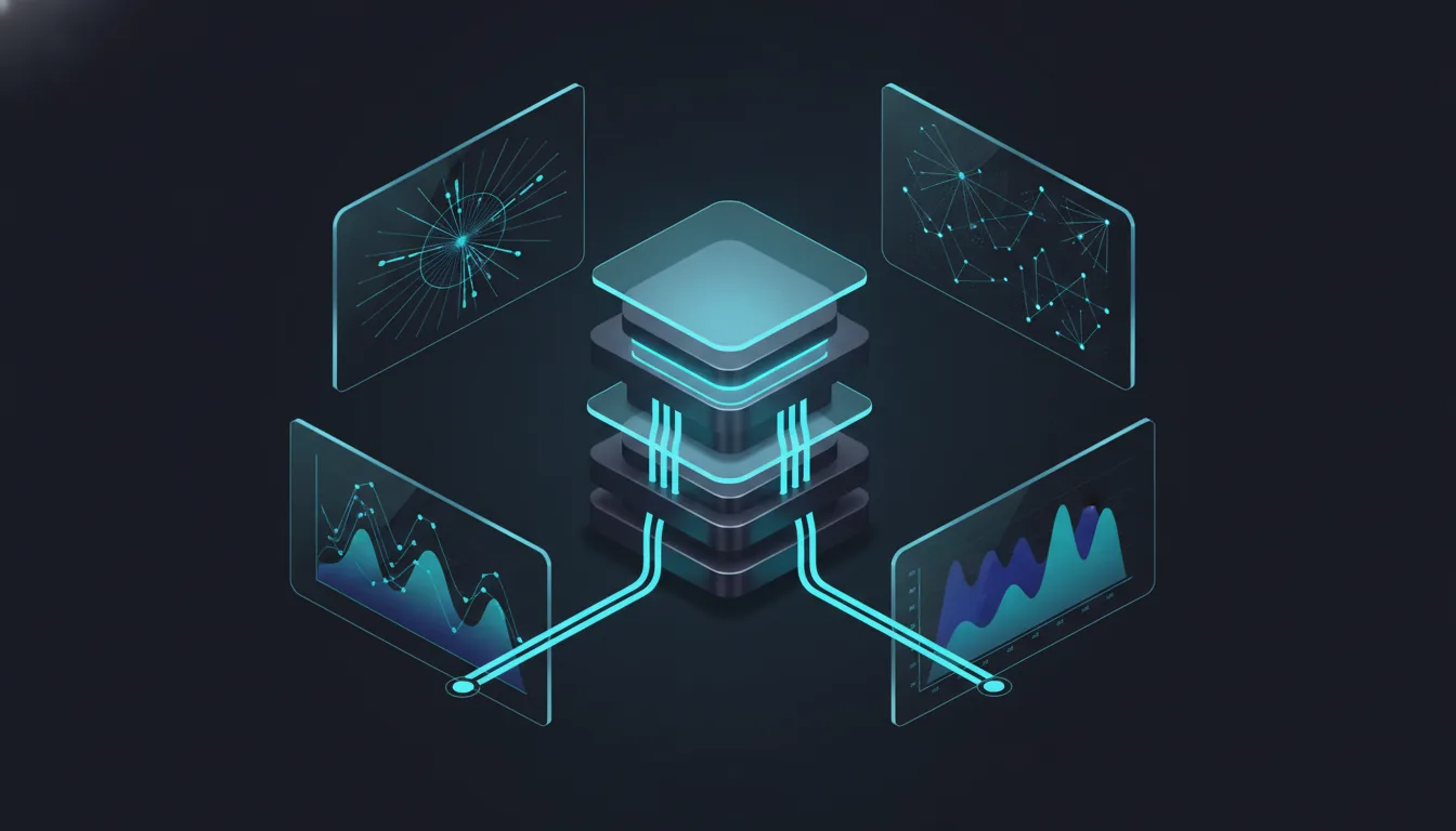 Illustration of stacked platform layers connected to service and analytics panels